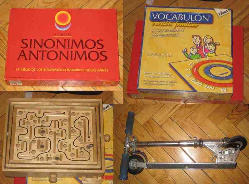 Juego de mesa, laberinto y patinete