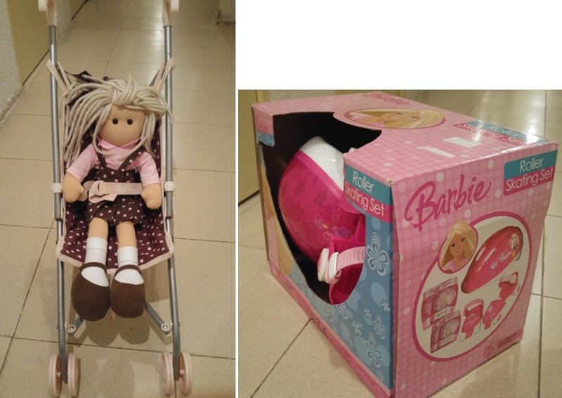 Juguetes de niña: patines Barbie y muñeca con carrito