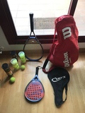 Funda y raqueta de Tenis, pala de padel y bolas usadas