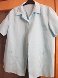Blusa manga corta de lino turquesa, talla XL