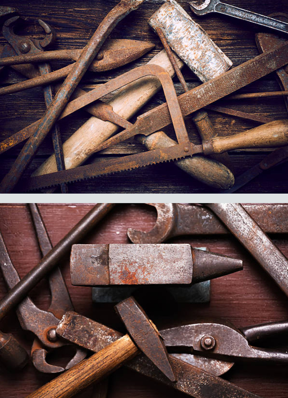 Herramientas antiguas, oxidadas o estropeadas